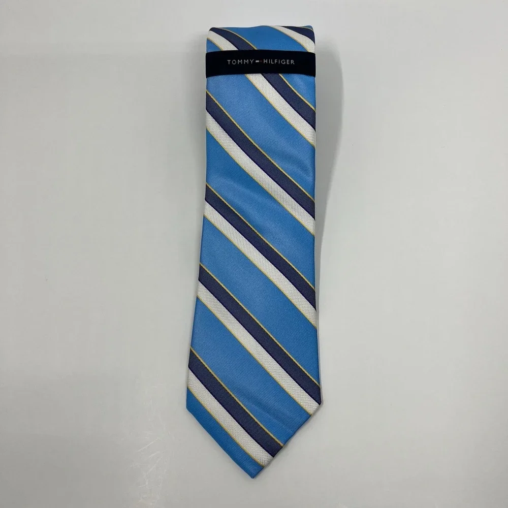 Tommy Hilfiger Men's 100% Silk Tie‎ Stripe Sky Blue/Purple/Yellow/White VTG NWT
